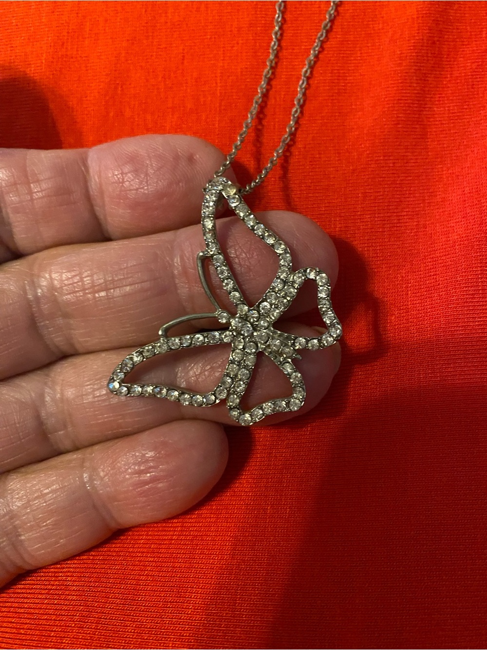 Crystal Butterfly Pendant Necklace - Silver Tone